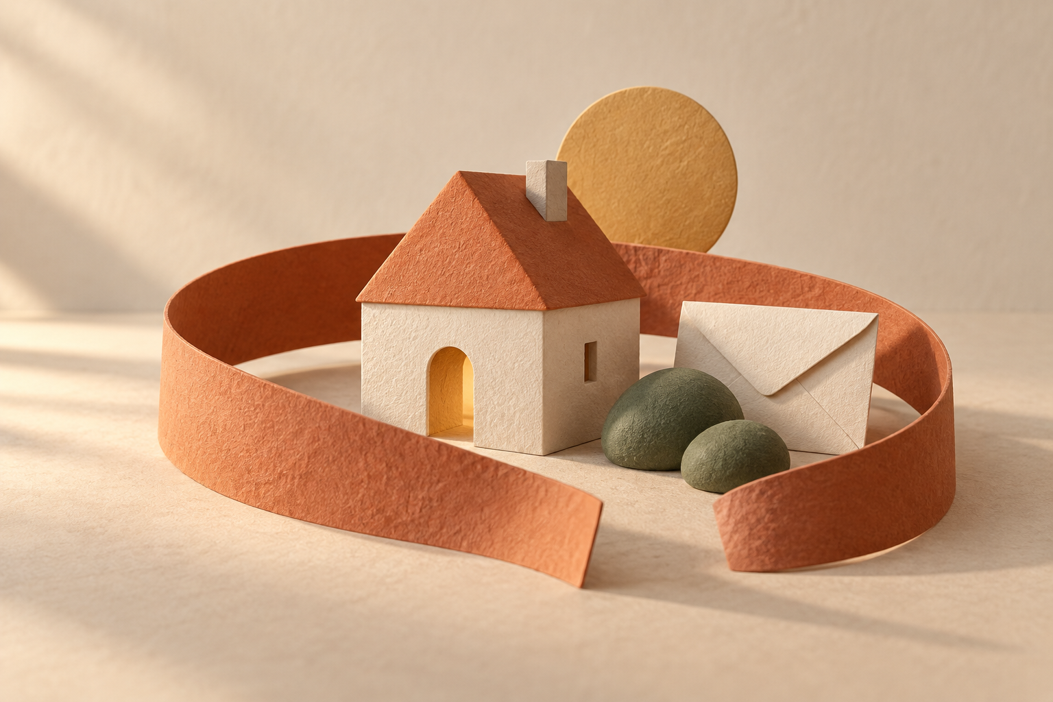A paper house, envelope, and moss-green pebbles gathered inside an open terracotta loop in warm afternoon light.