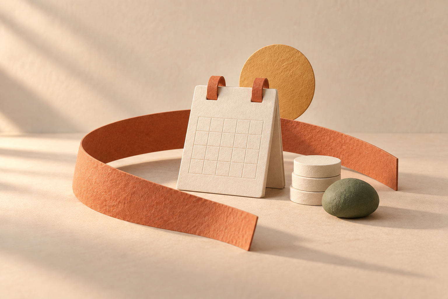 An ivory paper calendar, stacked discs, and a moss pebble encircled by a terracotta ribbon.