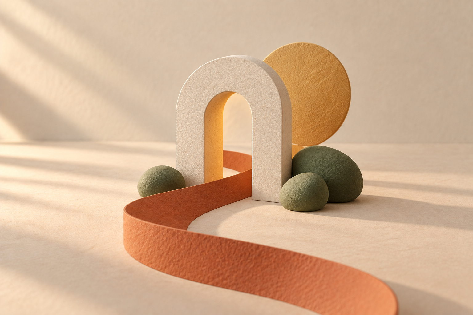 An ivory arched doorway with a terracotta path and moss-green pebbles in warm afternoon light.